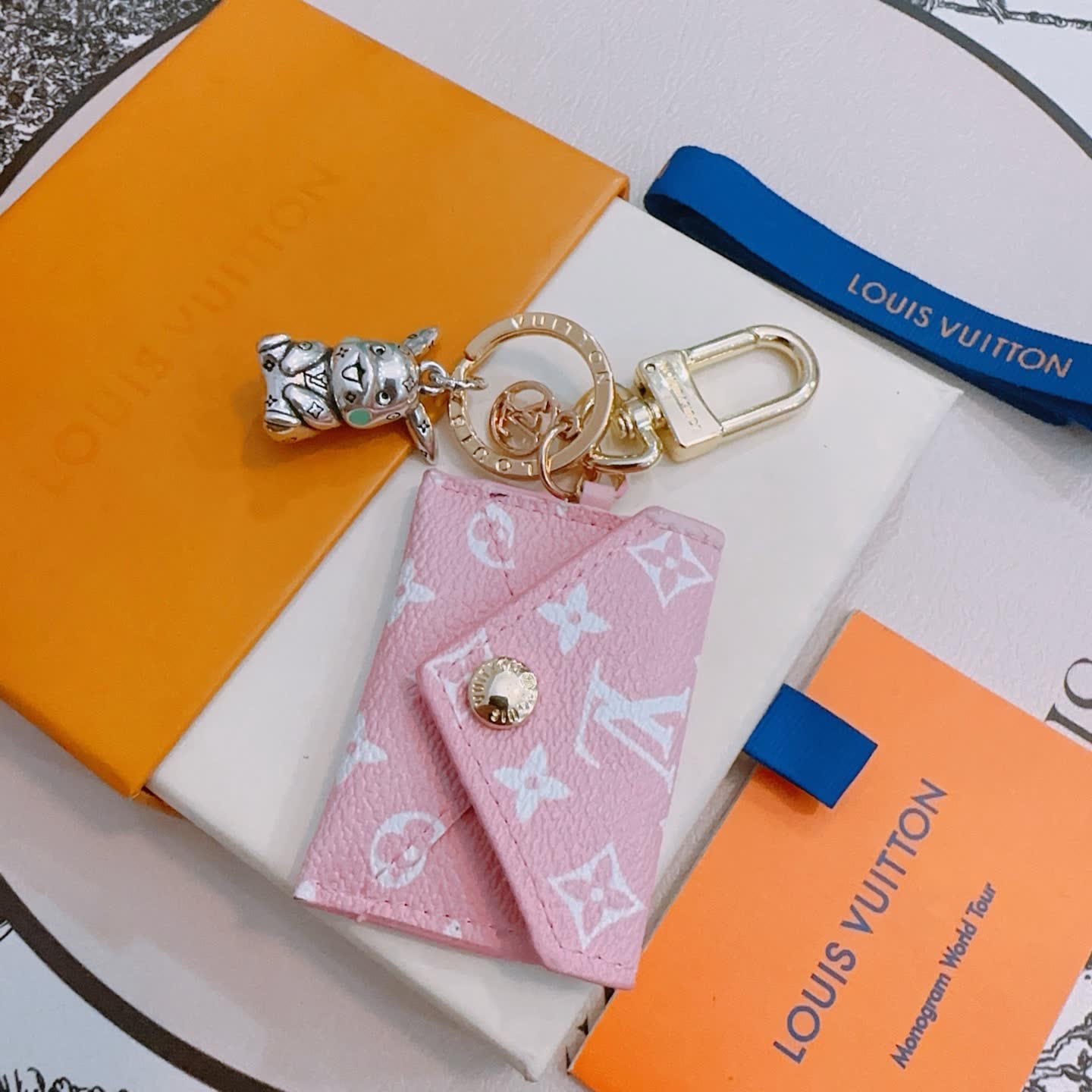 Louis Vuitton Pink Monogram Cardholder with Dog Charm